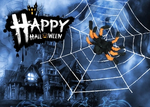 Macro detail of plush Halloween spider with orange stripes on white web decoration