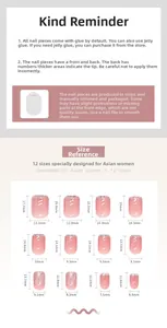 Size reference chart for pink glitter press-on nails featuring 12 different dimensions