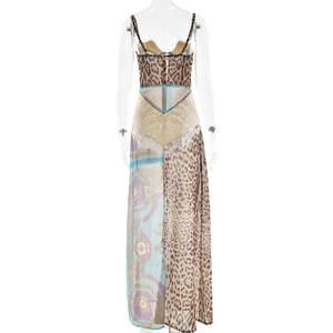 Back view detail of leopard print and blue lace patchwork chiffon maxi dress on a mannequin