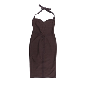 Detail of dark brown ribbed knit texture on a halter neck bodycon midi dress