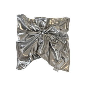 Metallic silver scrunchie with reflective pleated fabric for high ponytail hairstyles