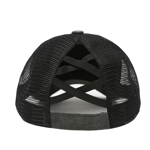 Detail of black mesh baseball cap with criss-cross elastic bands for high ponytail styles