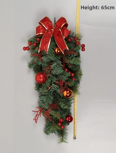 Detail view of 65cm Christmas teardrop swag with red ornaments and a large bow