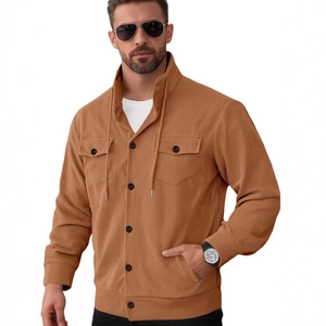 Men's brown corduroy jacket with chest pockets and drawstring collar for casual wear