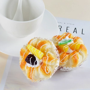 Realistic PU cream cake models with fruit toppings and textured bread for display