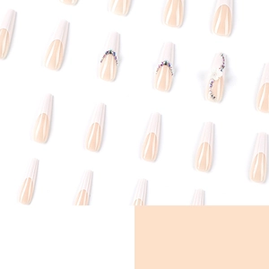 Long white French press-on nails with 3D white flowers and colorful rhinestones