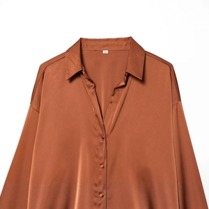 Brown satin long sleeve shirt with elegant lapel collar and silk texture shown in front view