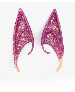 Detail showing purple glitter elf ears for cosplay with sparkling sequins on soft latex