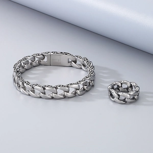Silver stainless steel Cuban chain bracelet and ring set with embossed relief patterns