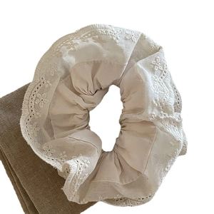 French vintage creamy white double-layered lace scrunchie for elegant high-crown hair styling
