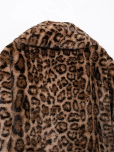 Close-up of soft leopard print faux fur texture and collar on a stylish short jacket
