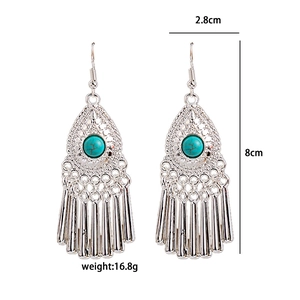 Ethnic peacock earrings with turquoise beads and tassel details measuring 8cm in length