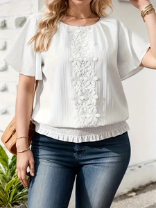 Elegant white short sleeve blouse with floral lace and ruffled sleeves for summer