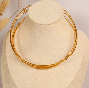 Detail shot of multi-layered gold choker necklace displayed on a jewelry mannequin stand