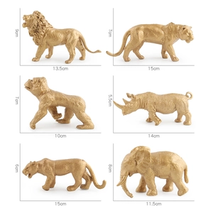 Set di sei figurine di animali da safari dorati tra cui leone ed elefante con misure