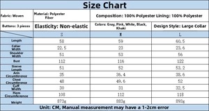 Size chart for faux fur jacket with large collar showing detailed S-L measurements