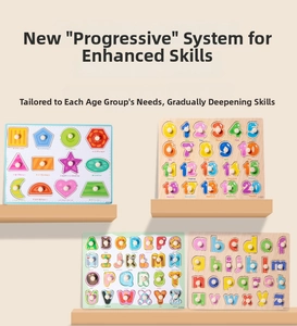 Detail view of educational wooden puzzles with numbers and alphabet letters for toddlers