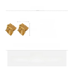 Detailed view of gold irregular square earrings with twisted texture and dimensions