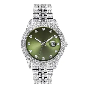 Luxury full iced out men's watch with green dial and silver diamond encrusted band