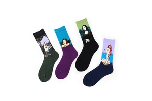Detail of four pairs of socks with famous oil painting patterns and jacquard texture