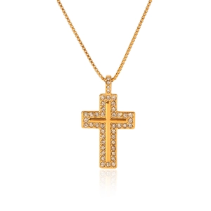 Polished 18K gold stainless steel cross pendant necklace with box chain and clear crystals