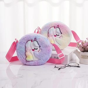 Cute tie-dye plush unicorn crossbody bag with macaron rainbow fur and adjustable strap