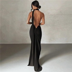 Detailed back view of sexy backless halter neck slim fit evening maxi dress in black
