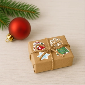 Christmas vinyl stickers on a kraft gift box with festive pine branches and red ornaments