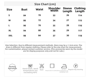 Tableau des tailles pour robe rose brodée avec mesures du buste, taille et longueur
