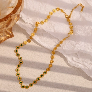18K gold plated stainless steel necklace featuring green stone and round disc pendants