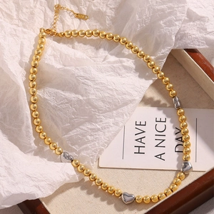 Collana In Acciaio Inossidabile Placcato Oro 18K Bicolore Perline Tonde Ciondoli A Cuore Argento Gioielli Moda Donna