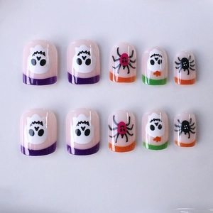 Halloween short square press-on nails with skull and pink spider macaron design