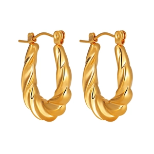 Pair of minimalist twisted gold hoop earrings in polished stainless steel for women
