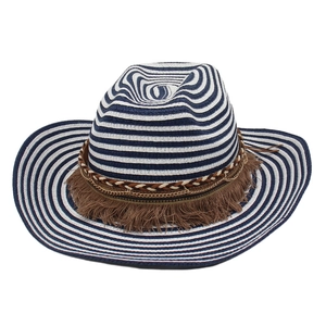 Ethnic blue and white striped western cowboy straw hat with brown tassels and chain