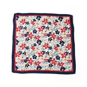 Elegant floral print square silk scarf with navy blue border and colorful flower patterns