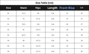Detailed size chart for men's casual straight leg denim jeans showing measurements in cm
