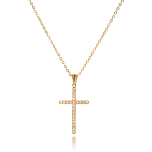 Elegant 18K gold stainless steel cross pendant necklace with zircon stones on white background