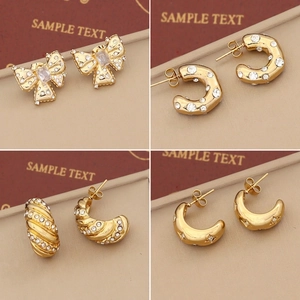 Stainless Steel Stud Earrings Zircon Bowknot C Shaped Design Gold Plated Elegant Jewelry For Women Fashion Accessory