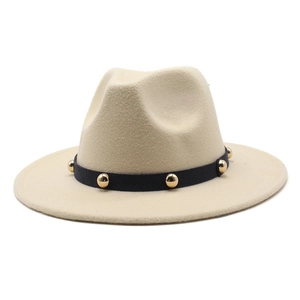 Classic beige wool fedora hat with wide brim and black studded band for men and women
