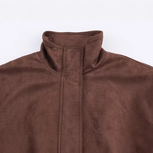 Dark brown faux suede jacket for women featuring a stand collar and soft matte texture