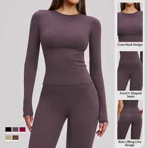 Women's dusty purple long sleeve yoga set with high waist leggings and Y-seam top