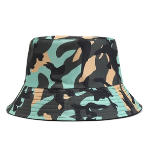 Unisex camouflage bucket hat for outdoor sun protection with wide brim in blue and brown