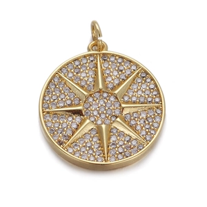 Detailed view of a gold-plated circular pendant with micro-pave cubic zirconia star design