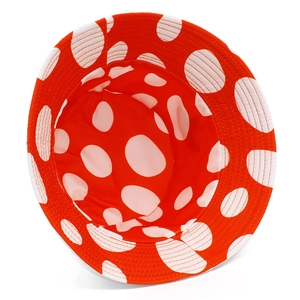 Detail view of red and white polka dot bucket hat with high quality fabric stitching