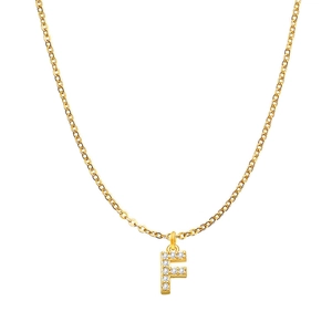 Detailed view of a gold-plated necklace with a crystal-studded letter F pendant