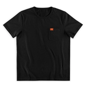 Men's solid black short sleeve Henley T-shirt with chest pocket and orange woven label