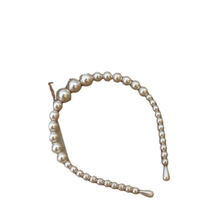 Elegant pearl headband with gradient white beads on slim metal frame for women