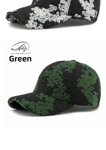 Detail of vintage jacquard baseball caps in floral green and black white patterns