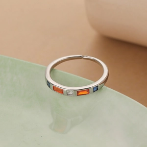 Minimalist open ring with colorful rectangular zircon stones on silver plated band