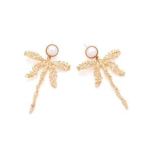Elegant gold palm tree earrings with white pearls and frosted metal texture on white background